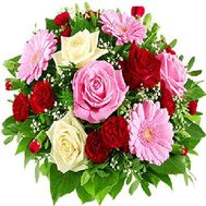 Букет квітів із 9 троянд, 3 гебреб і 7 гвоздик