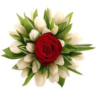 Букет весняних квітів з 24 тюльпанів і 1 троянди